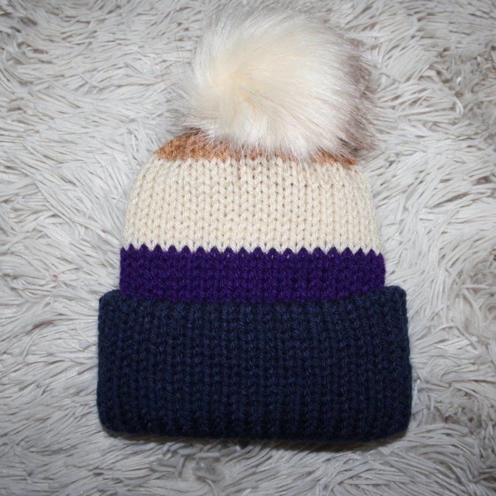 💜 TAN + PURPLE FUR POM BEANIE · 6–12 MO 💜